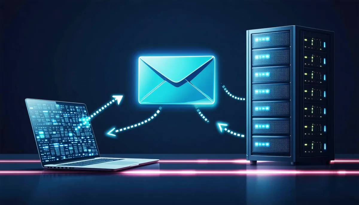 A glowing data packet travels from a laptop to a server and a reply returns