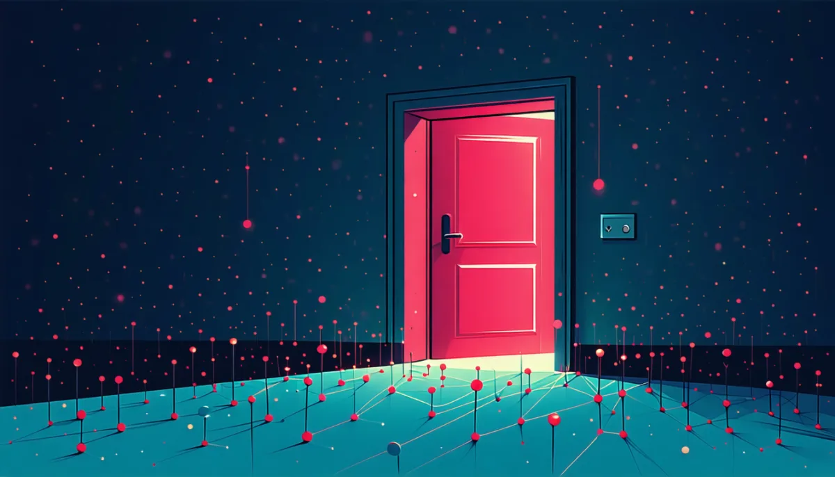 Many small red probes knock on a closed door made of light