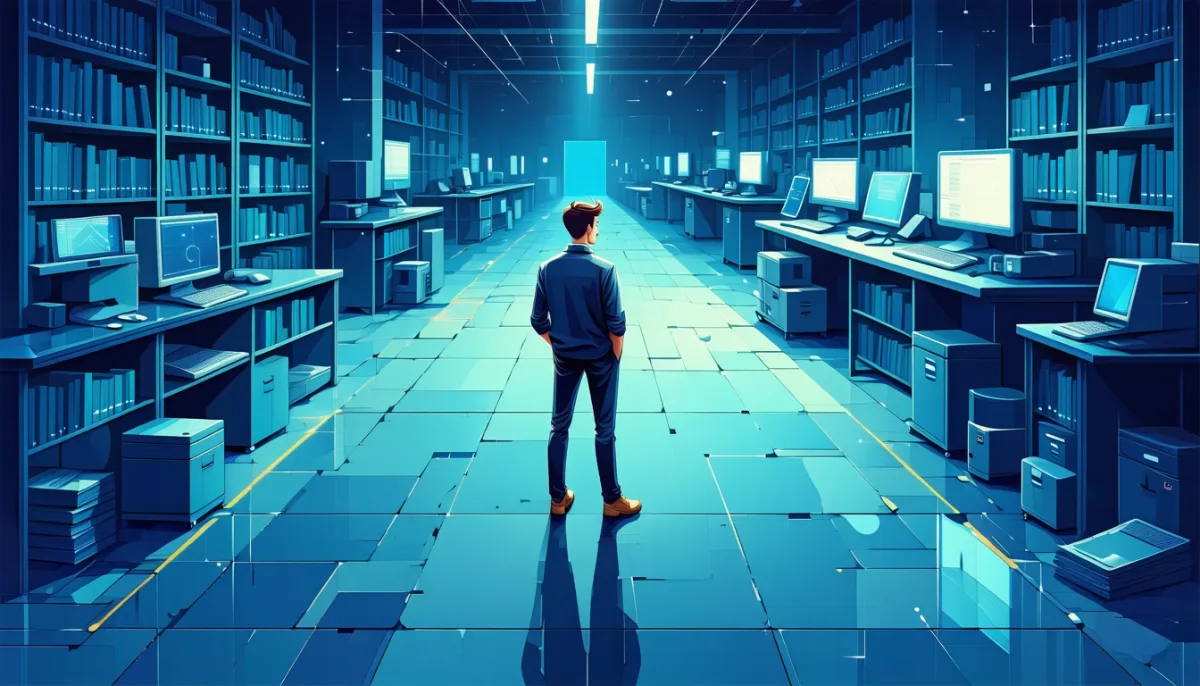 A person at a fork in the path: one way leads to a calm bright library, the other to a busy workshop