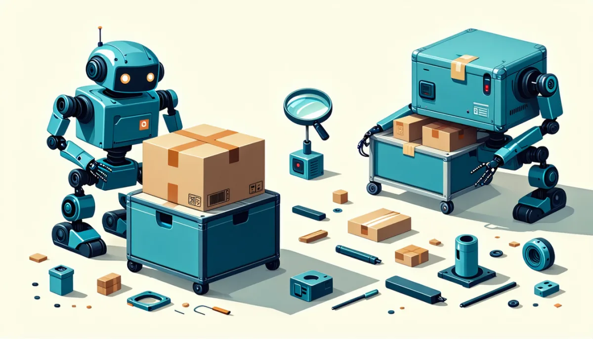 A small robot unpacking a sealed crate and comparing the contents piece by piece with the original using a magnifying glass, symbolising a restore test