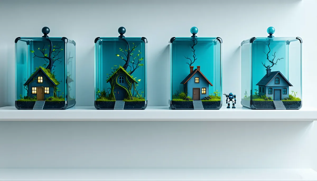 Glass boxes on a shelf containing the same miniature house at different moments, the last one overgrown, a small robot reaching for an older box