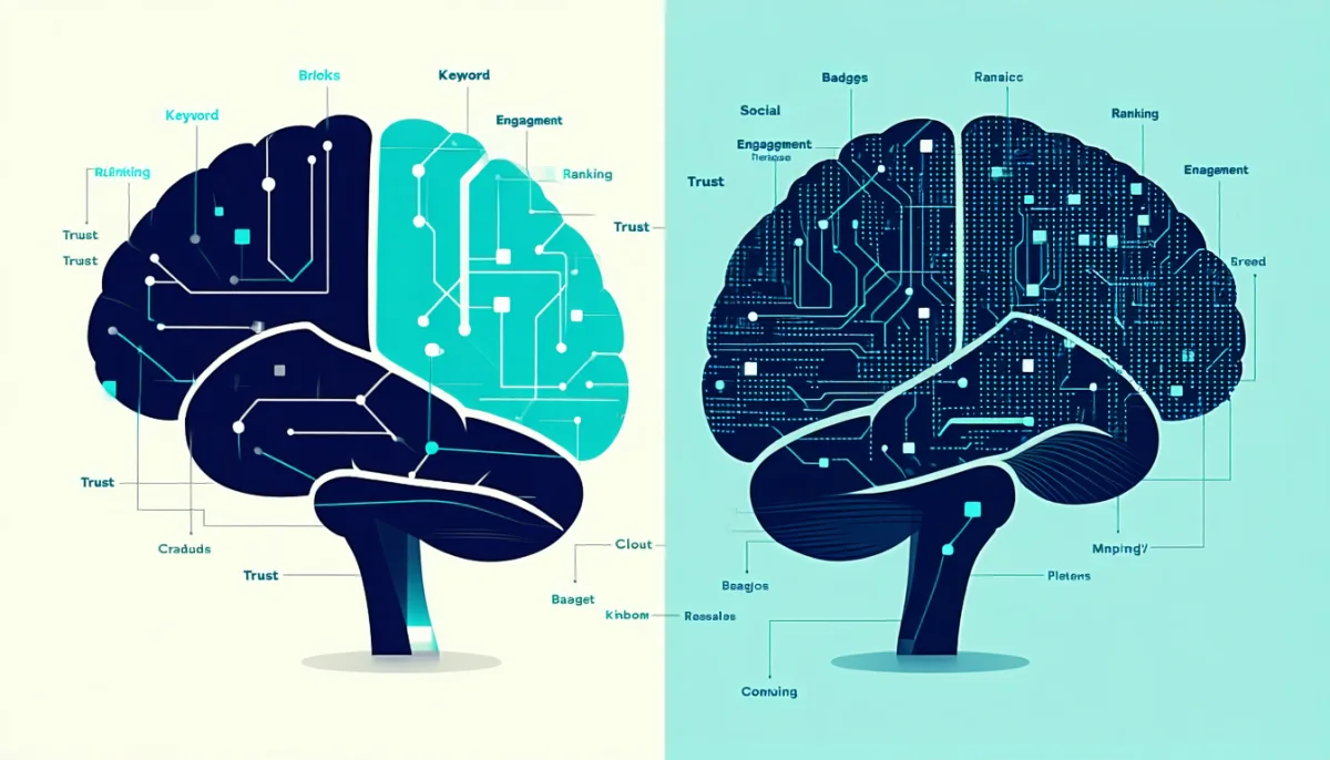 Two ranking philosophies side by side: exact keyword signals on Bing versus semantic interpretation on Google