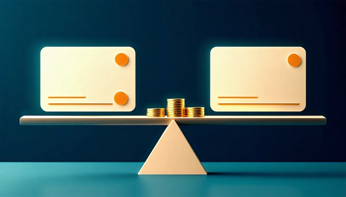 Two subscription cards balanced on a scale with coins