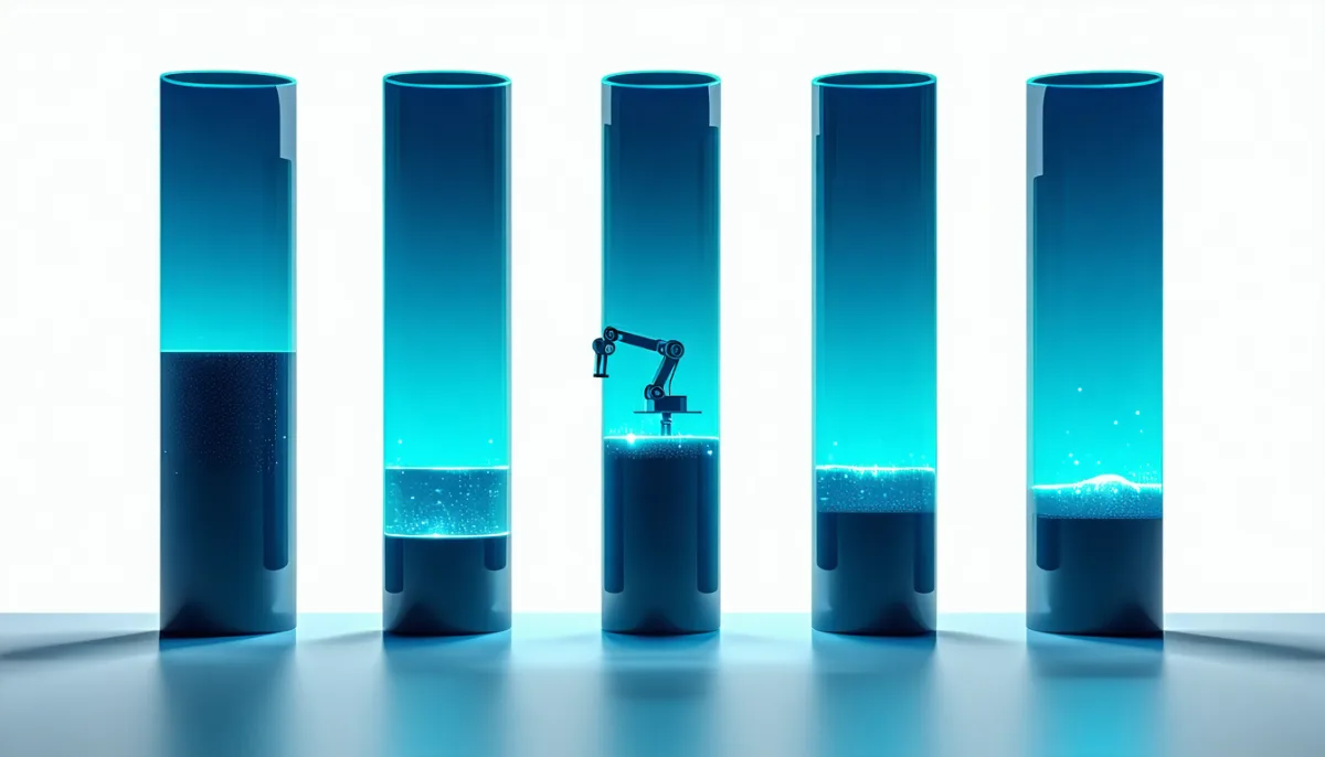 Five glass columns side by side, each filled to a different height with glowing rings, a small robot arm reading them one by one, symbolising the five time fields
