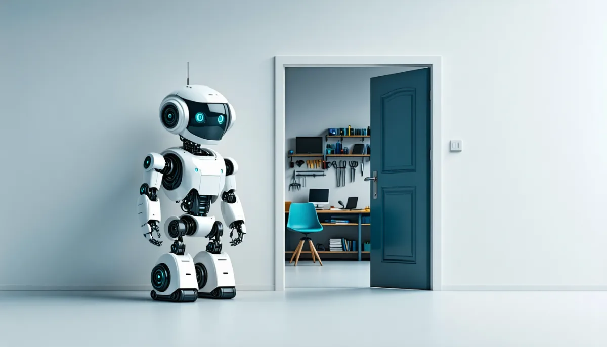 A small robot steps through a door into an almost empty white room while a fully equipped workshop is visible behind it, symbolising the bare cron environment