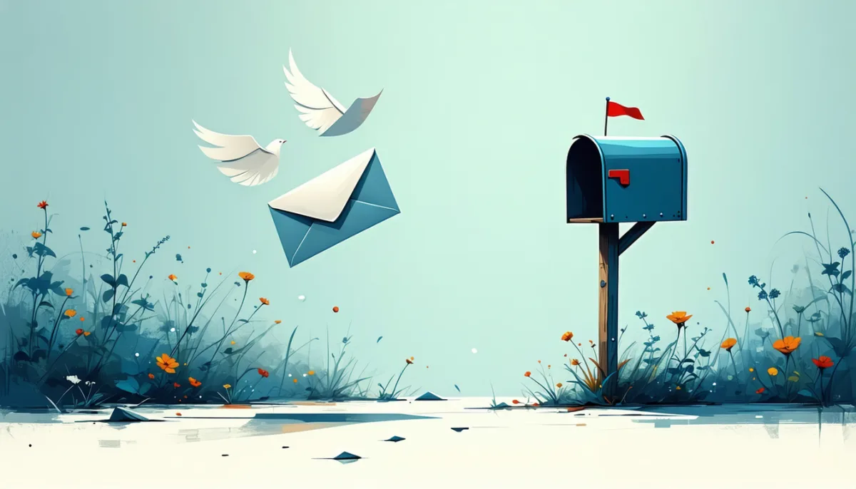 An envelope with a broken wing falls into a deep empty well at night, a mailbox with its flag up stands nearby, symbolising cron mails that never arrive