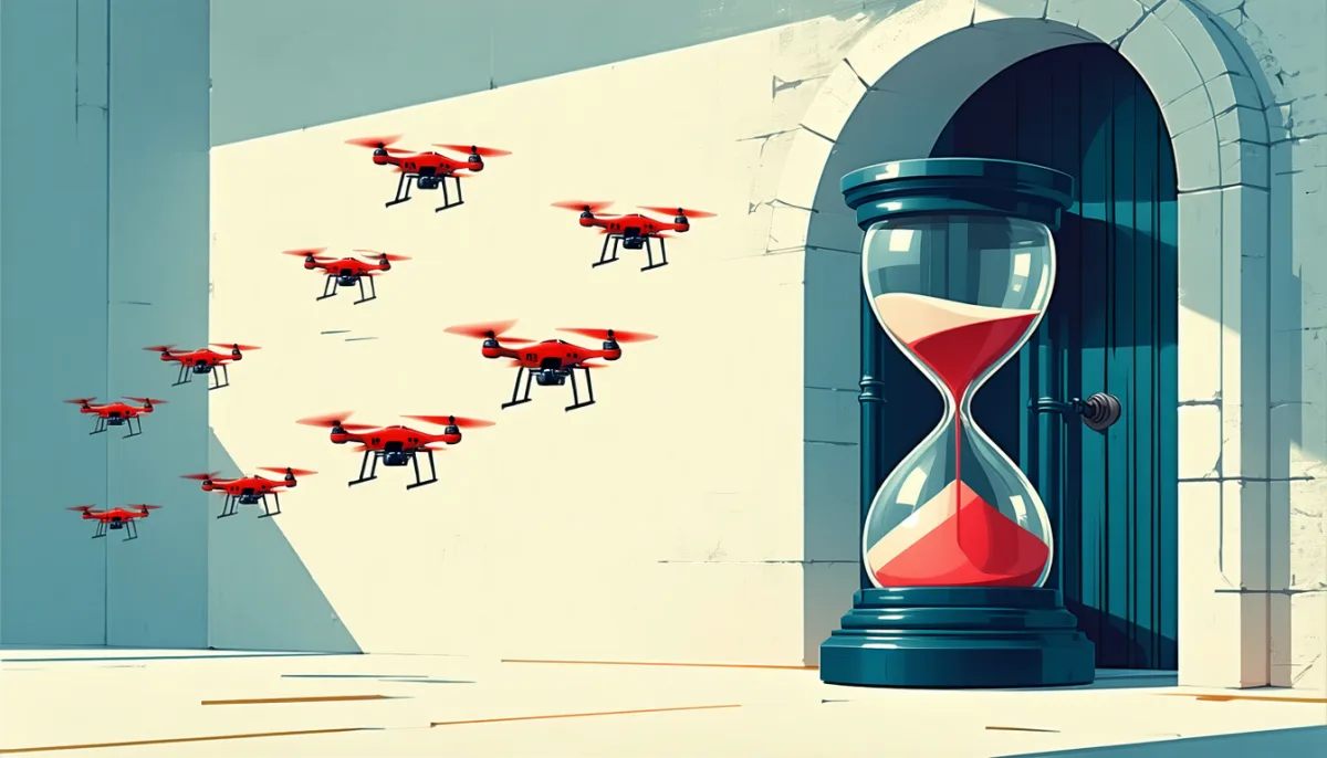 Red drones approaching a gate one at a time with long pauses, an hourglass next to it