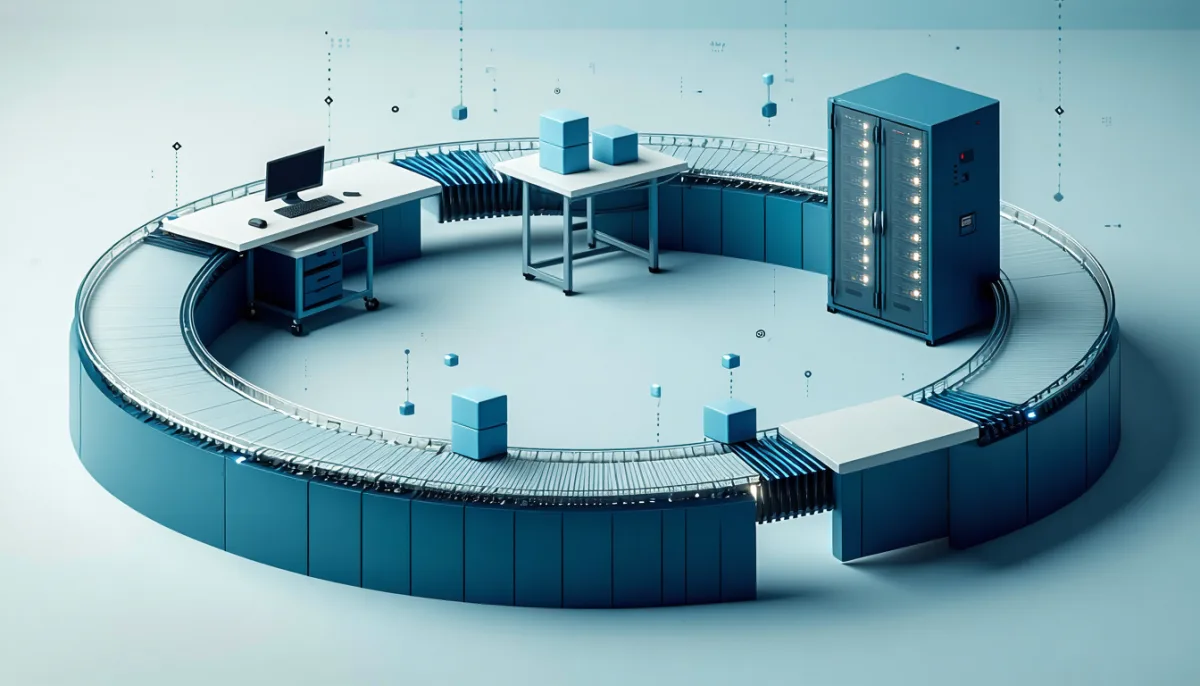 A circular conveyor of platforms carrying blocks from a workbench to a tray, into a vault and on to a server, illustrating the daily Git command loop of add, commit and push