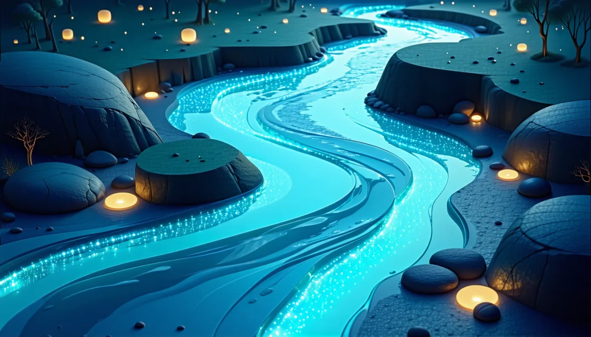 Two glowing rivers splitting from one stream, flowing side by side and merging again, illustrating Git branches and merging