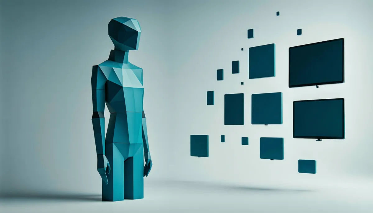 Abstract teal figure made of blocks whose head is replaced by several interchangeable floating screens, illustrating a frontend detached from the content