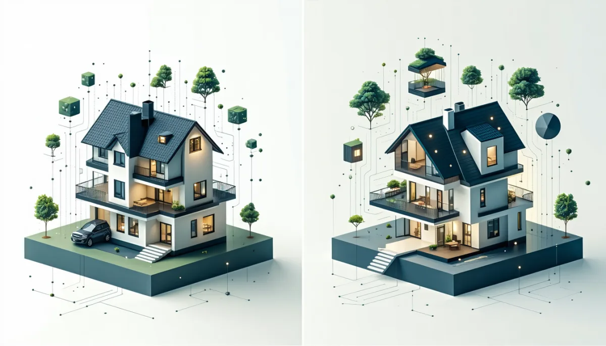 Two isometric houses: on the left a house built in one piece, on the right the same house with a separate foundation and floating interchangeable roofs connected by threads of light