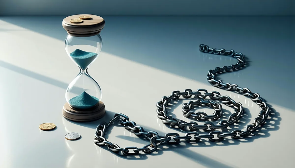 An hourglass made of light next to a heavy coiled chain and scattered coins, symbolizing hourly billing versus long contract terms
