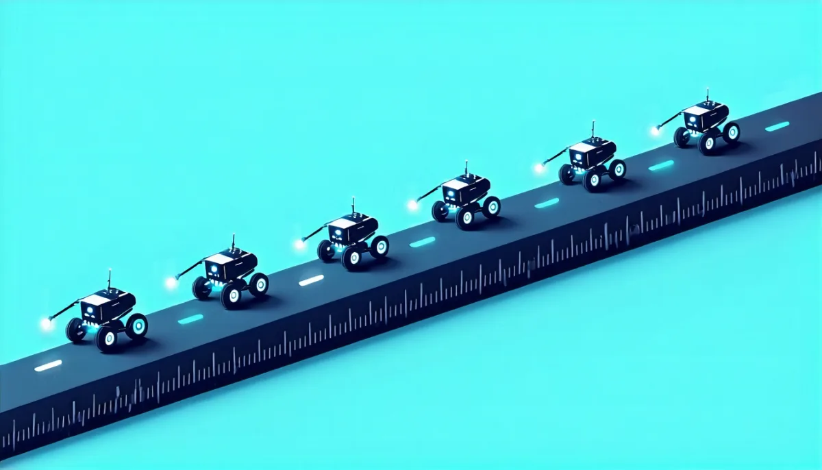 A timeline with markers where some robots arrive shortly after the start and others much later, illustrating measured crawler arrival times