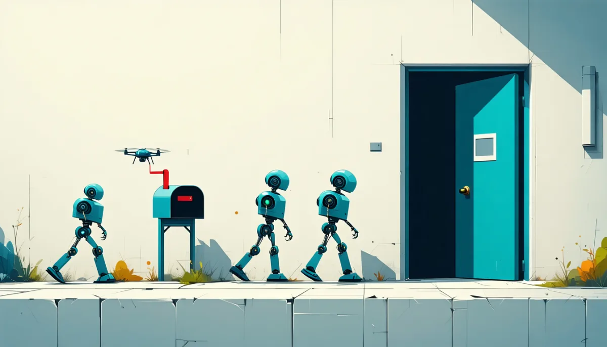 Several robots walk past an empty mailbox that nobody opens and enter the building through the main gate