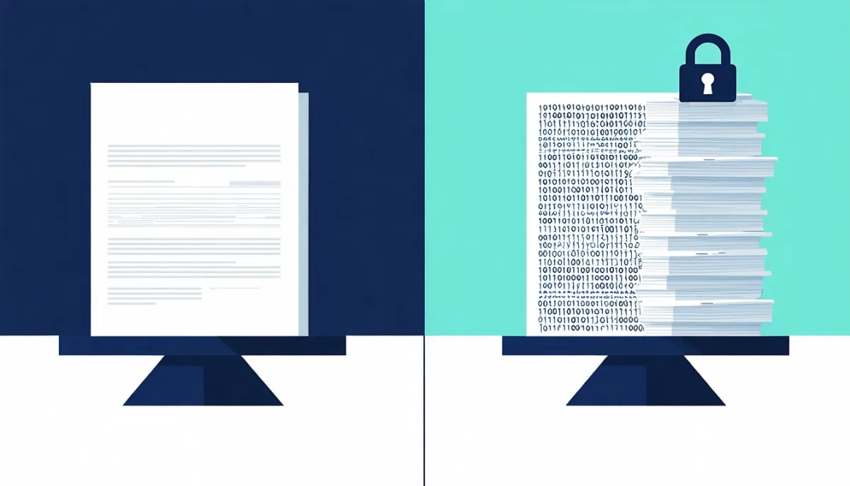 A scale comparing a light plain text sheet against a heavy binary document block
