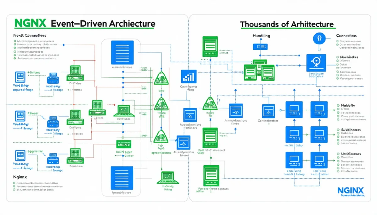 Nginx reverse proxy architecture showing client requests flowing through Nginx to backend servers