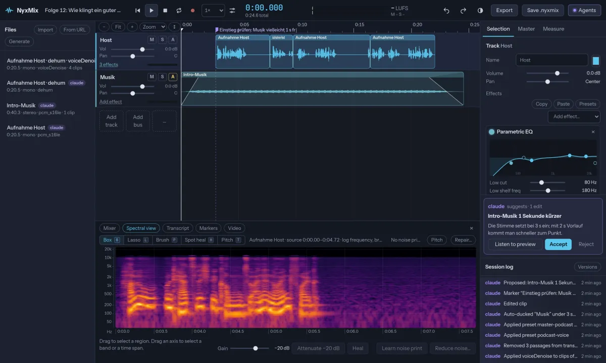NyxMix spectral editor showing the spectrogram of a voice with box, lasso, brush and spot-heal tools