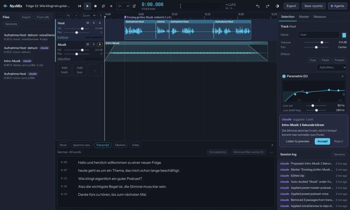 NyxMix transcript view with word timestamps and buttons to cut a selection or remove filler words