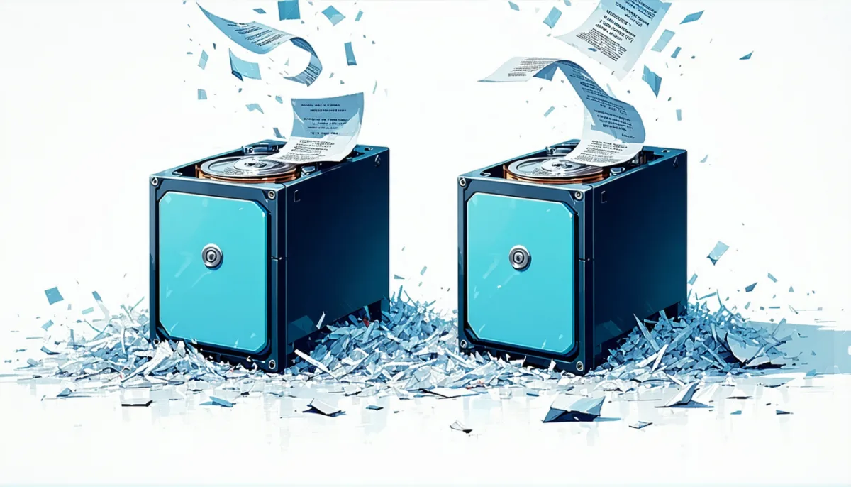 A sheet of paper is shredded above two identical hard drives, both receive the same scraps, while a safe in the background keeps an intact sheet