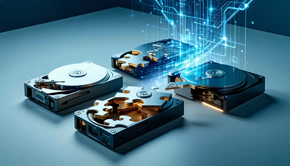 Three hard drives holding puzzle pieces, one dimmed, while light from the other two reassembles the missing piece in mid air