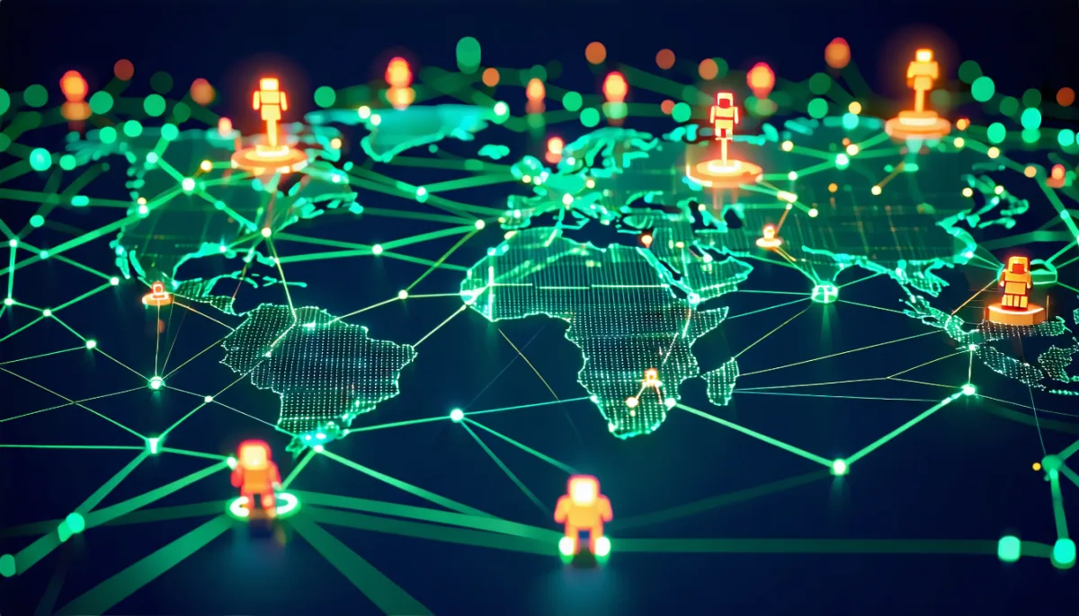 Network of glowing nodes forming a website map, with small robot figures traveling along the open paths