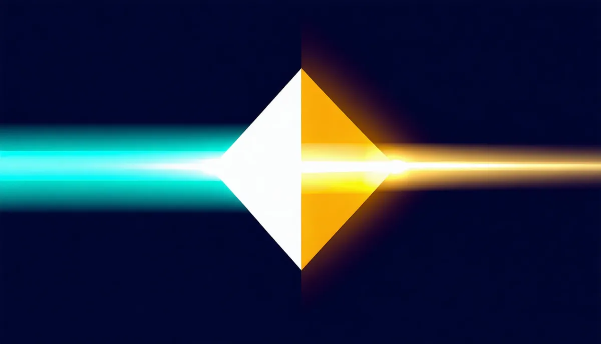 Abstract illustration of a prism splitting one beam of light into two differently colored beams, symbolizing two readings of the same rule