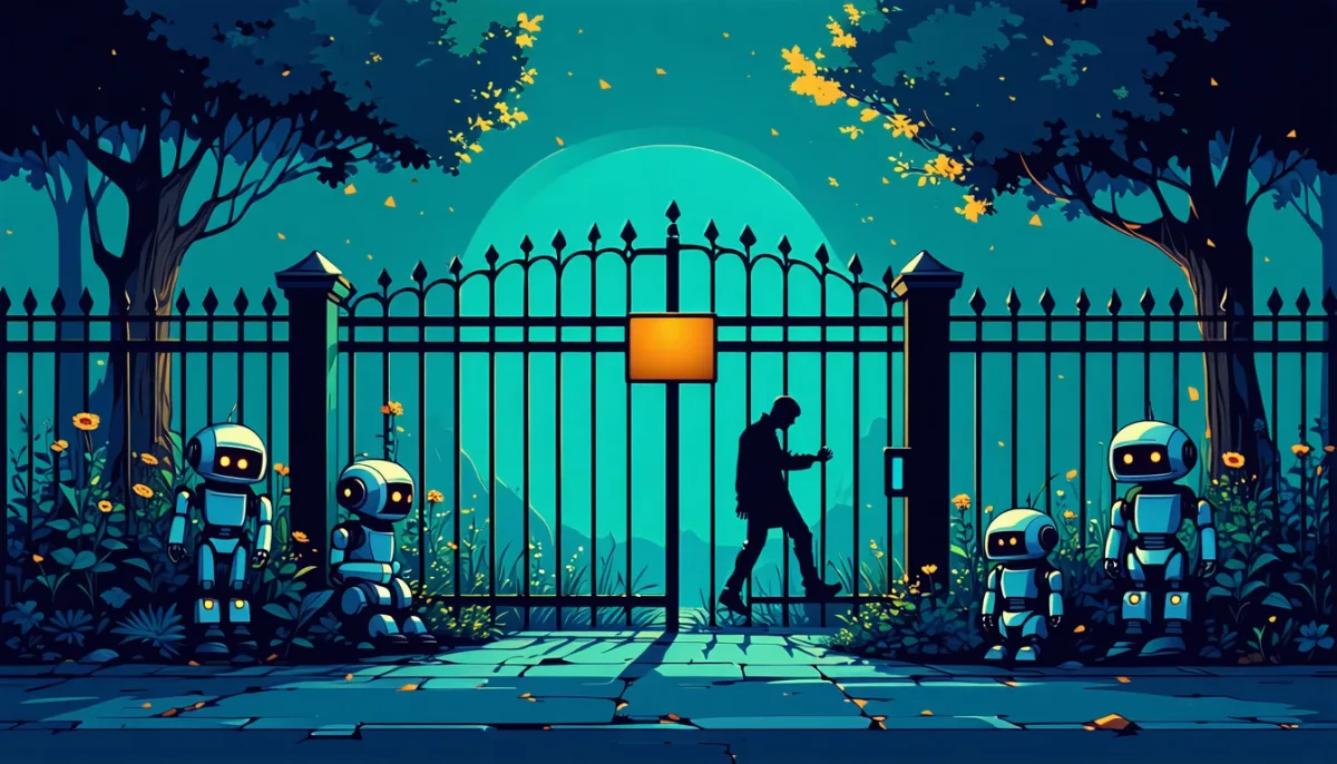A silhouette walks behind a locked garden gate while small robots wait politely in front of it