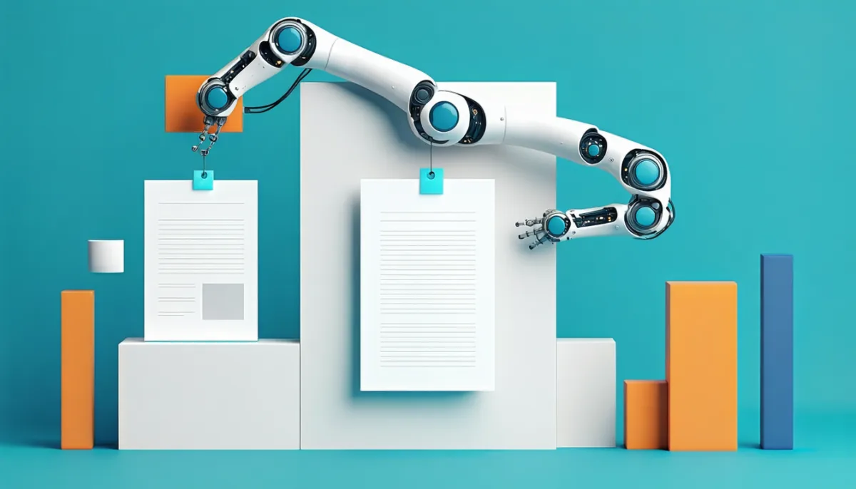 Wireframe of a product detail page where a robotic arm inserts a highlighted info box between existing layout blocks
