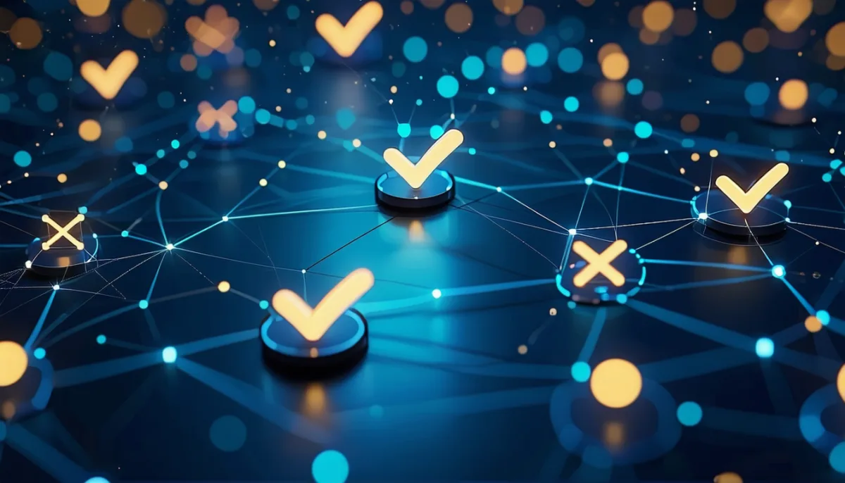 Dark blue digital network with glowing check mark and cross symbols on round pedestals, summarizing the sitemap checklist