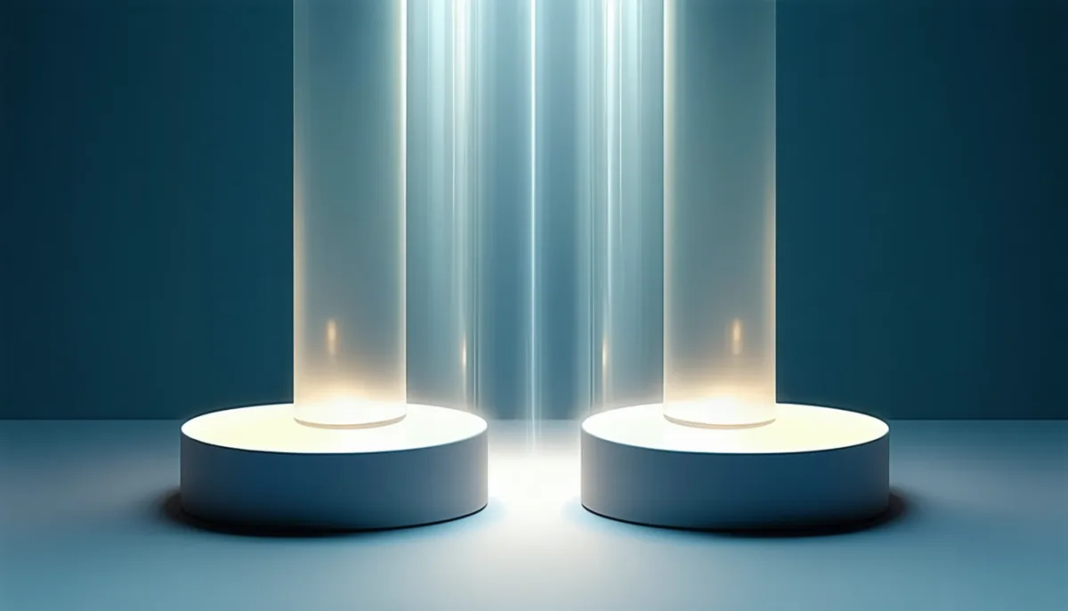 Two identical glowing glass cylinders on pedestals, connected by beams of light, symbolising a consistent database copy
