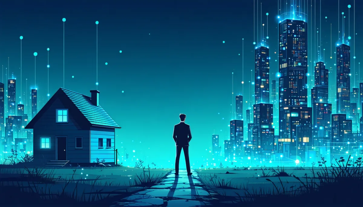 A person stands at a fork in a path, one way leads to a small cosy house, the other to a city of connected server towers