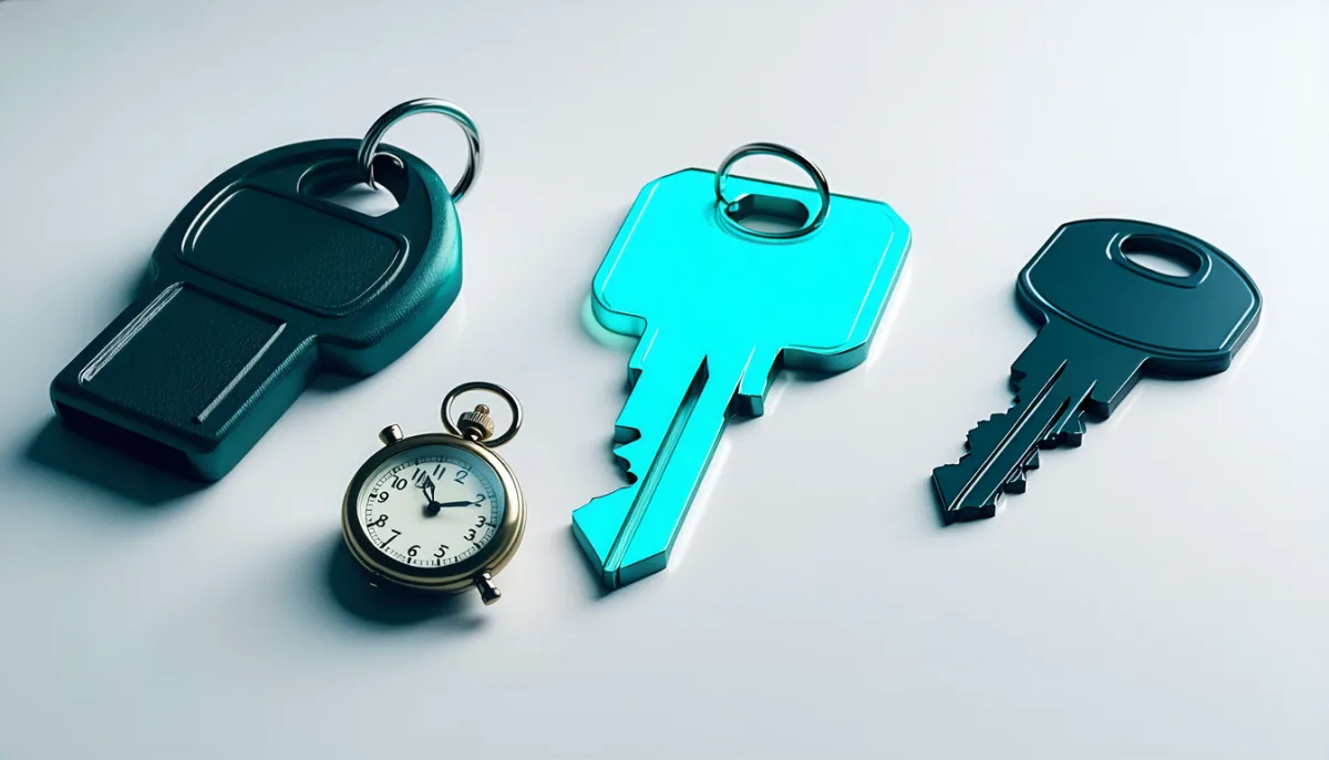 Three keys of different sizes side by side, each with a stopwatch