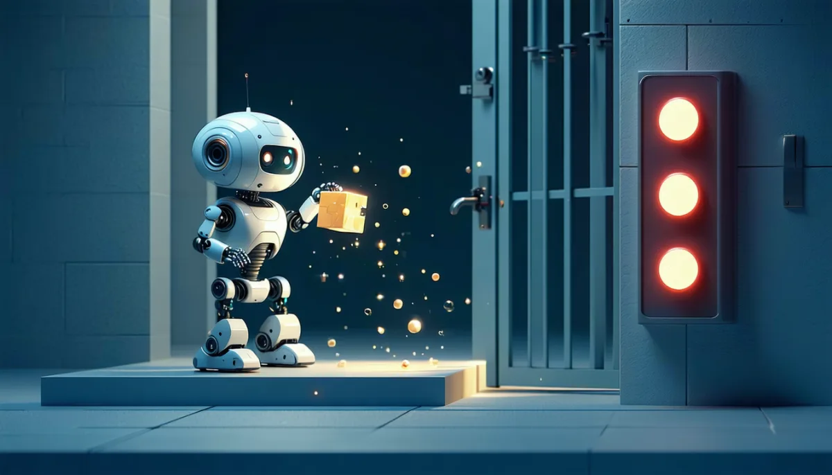 A small robot repeatedly lifting a fallen glowing cube back onto a pedestal, behind it a gate with five lamps, the last one glowing red as the gate closes
