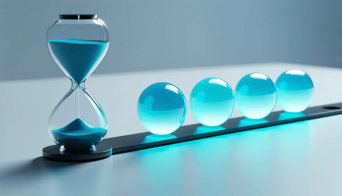 An hourglass with teal sand next to a row of evenly glowing glass orbs, symbolising a recurring timer
