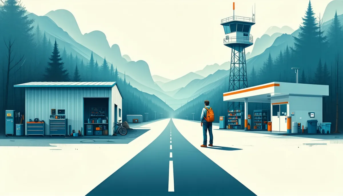 A hiker at a fork in the road: on the left a small tidy workshop, on the right a bright service station with an automated control tower