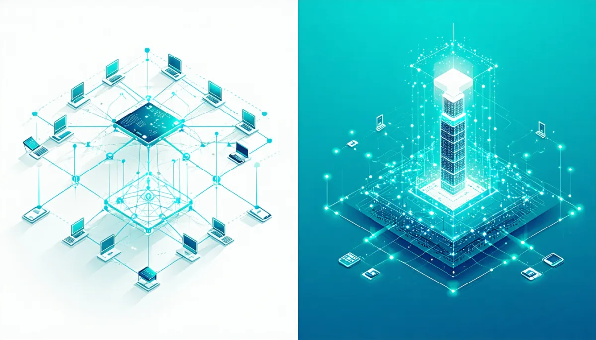 Left: a hub-and-spoke network where every device only connects to one central server. Right: the same devices connected directly to each other