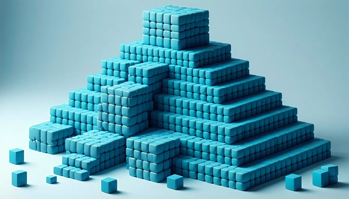 A single store block on a huge tangled pyramid of hundreds of small cubes, next to a block on a small neat stack