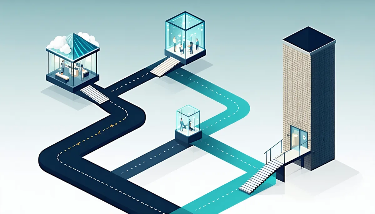 Three paths from one starting point: a rented glass pavilion in a cloud, a self-built tower and several floating building blocks connected by bridges