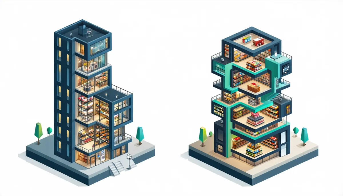 Two towers side by side: on the left a house with a store module plugged in, on the right a tower made entirely of store building blocks