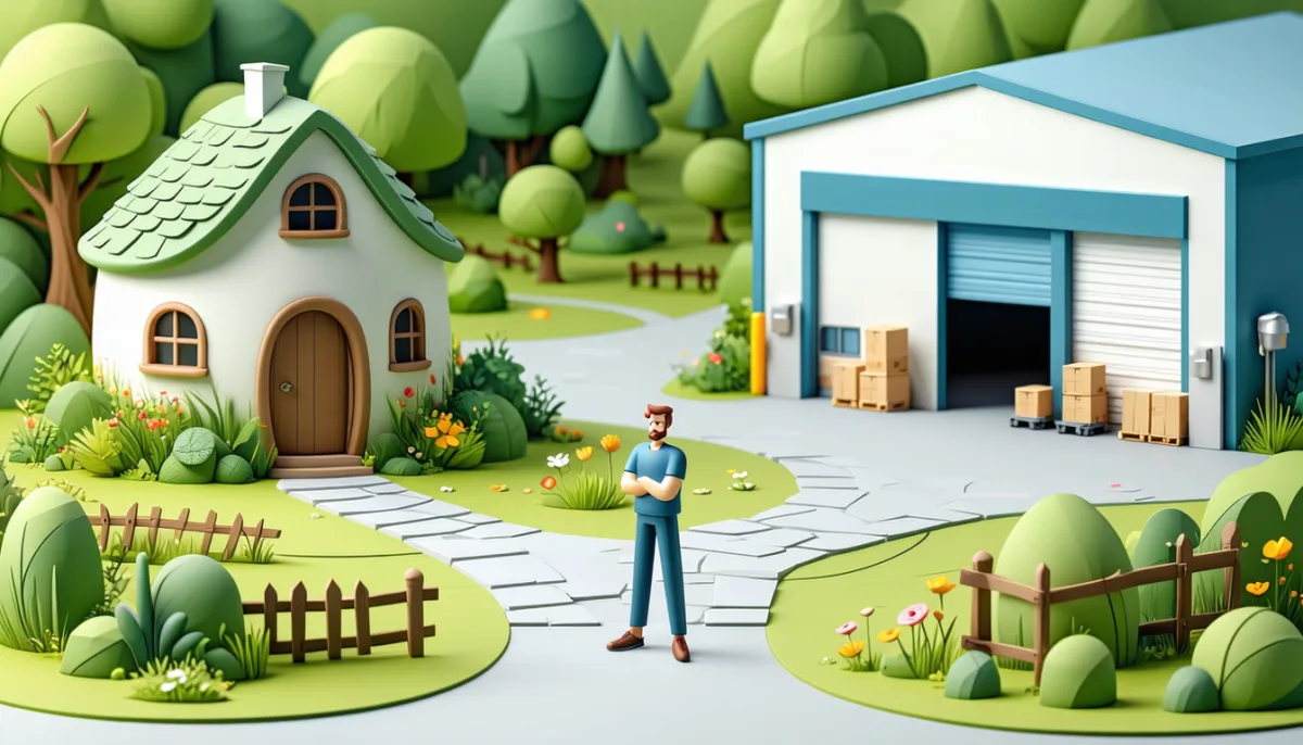 A figure at a fork in the path, a small cottage on the left, a large warehouse with loading docks on the right