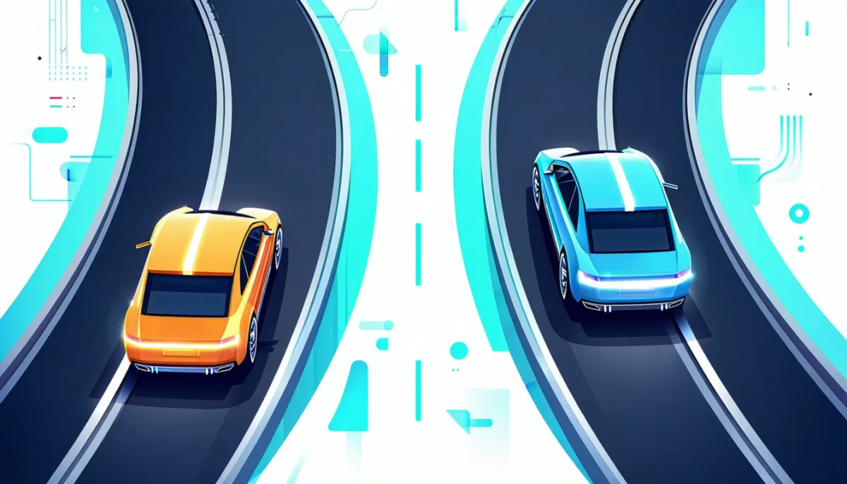 Two race tracks with delivery carts, one with many small toll booths, the other with one large cache gate
